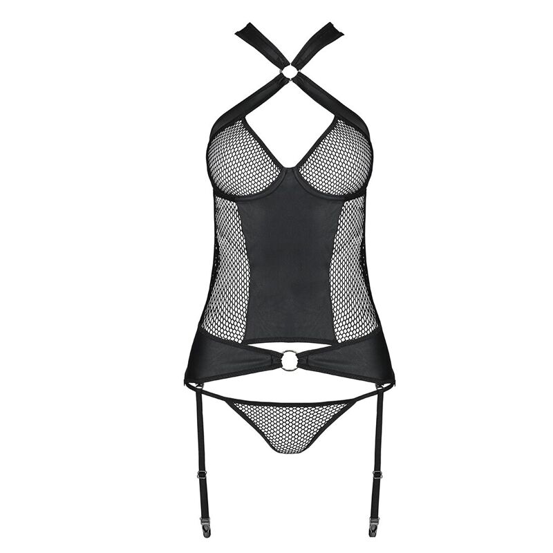 Сетчатый комплект корсет с халтером, съемные подвязки и трусики Passion AMANDA CORSET L/XL, black
