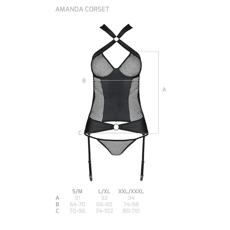 Сетчатый комплект корсет с халтером, съемные подвязки и трусики Passion AMANDA CORSET L/XL, black