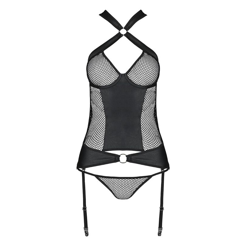 Сетчатый комплект корсет с халтером, съемные подвязки и трусики Passion AMANDA CORSET S/M, black