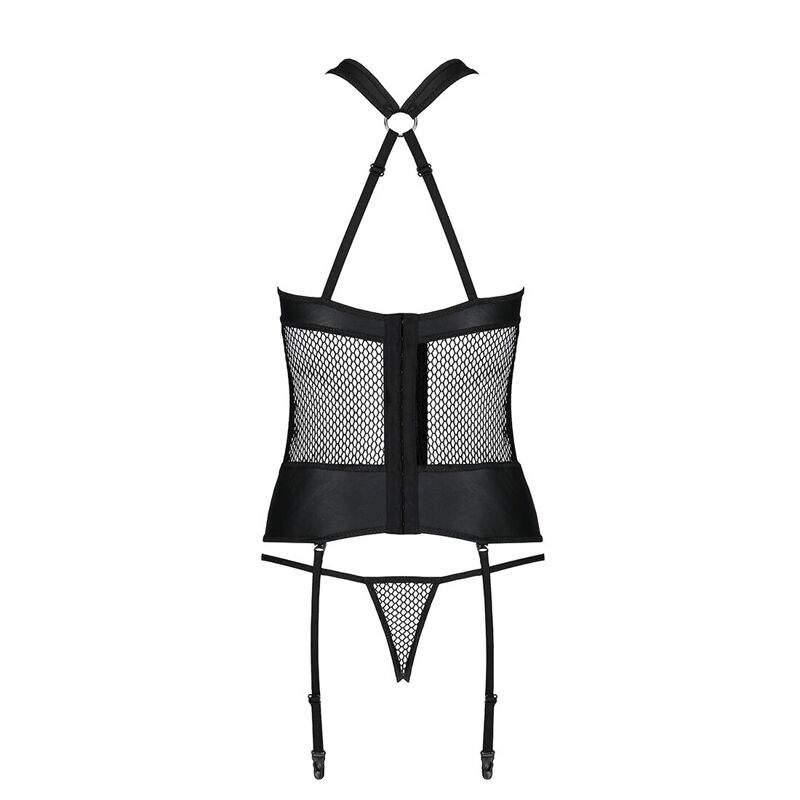 Сетчатый комплект корсет с халтером, съемные подвязки и трусики Passion AMANDA CORSET S/M, black