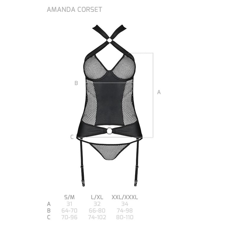 Сетчатый комплект корсет с халтером, съемные подвязки и трусики Passion AMANDA CORSET S/M, black