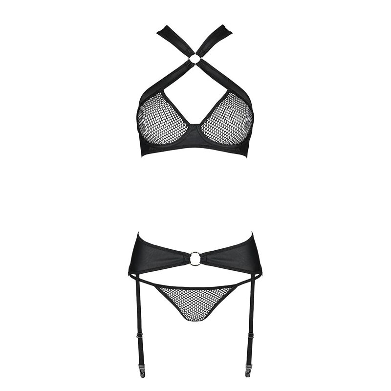 Сетчатый набор, бюстгальтер с халтером, трусики и пояс для чулок AMANDA SET XXL/XXXL, black