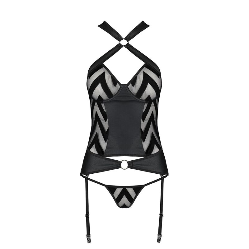 Сетчатый комплект с узором, корсет с халтером, подвязки, трусики Passion HIMA CORSET S/M, black