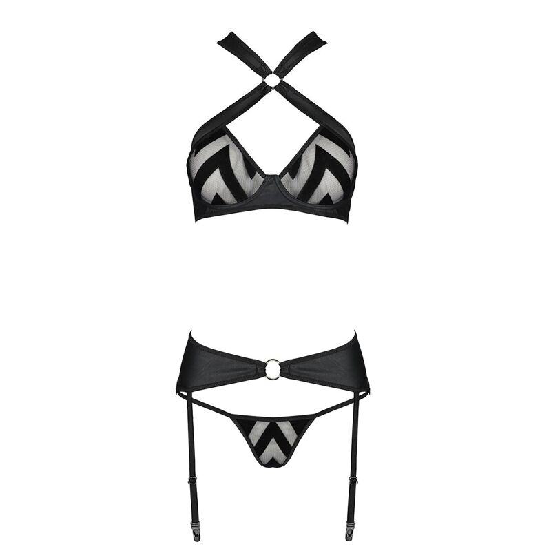 Сетчатый набор с узором, бюстгальтер, трусики, пояс для чулок Passion HIMA SET XXL/XXXL black