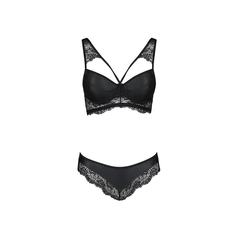 Комплект из эко-кожи с кружевом Passion LOONA SET S/M, black, бра и трусики