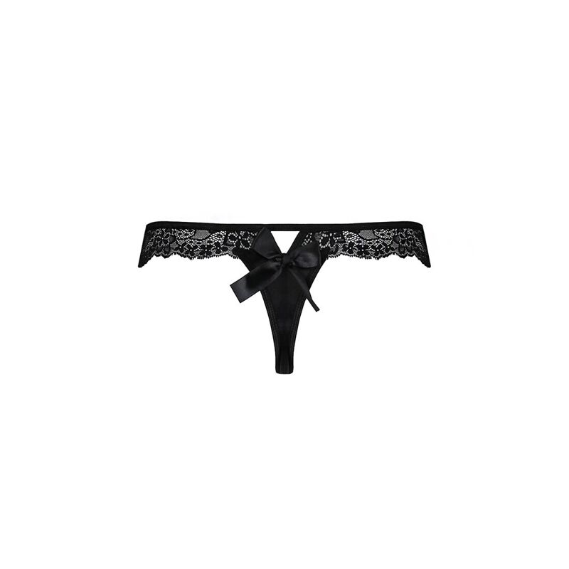 Кружевные трусики-танга с атласным бантиком Passion NAJA THONG L/XL, black