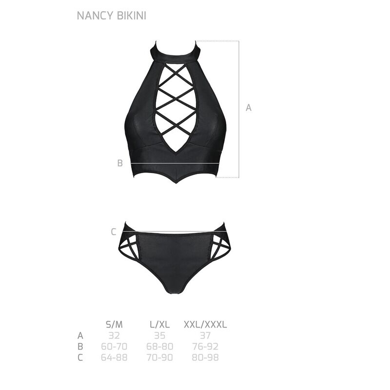 Комплект из эко-кожи Passion NANACY BIKINI L/XL, black, бра и трусики с имитацией шнуровки