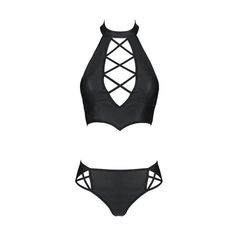 Комплект из эко-кожи Passion NANACY BIKINI XXL/XXXL, black, бра и трусики с имитацией шнуровки