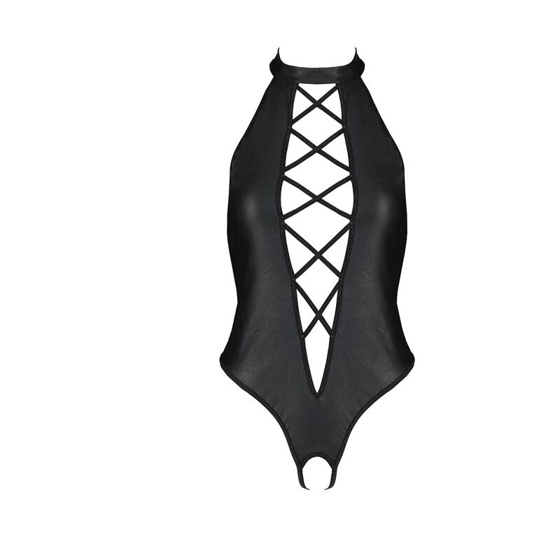 Боди из эко-кожи с имитацией шнуровки и открытым доступом Passion NANCY BODY S/M, black