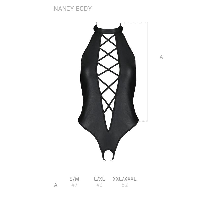 Боди из эко-кожи с имитацией шнуровки и открытым доступом Passion NANCY BODY S/M, black