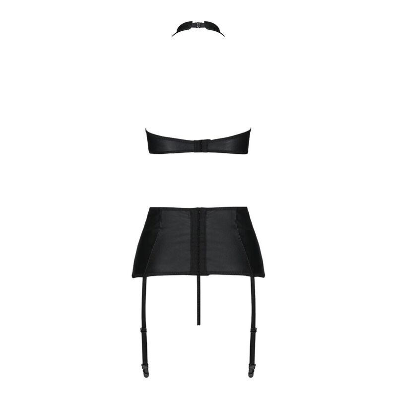 Комплект из эко-кожи с имитацией шнуровки Passion NANCY SET L/XL black, топ, трусики, пояс для чулок