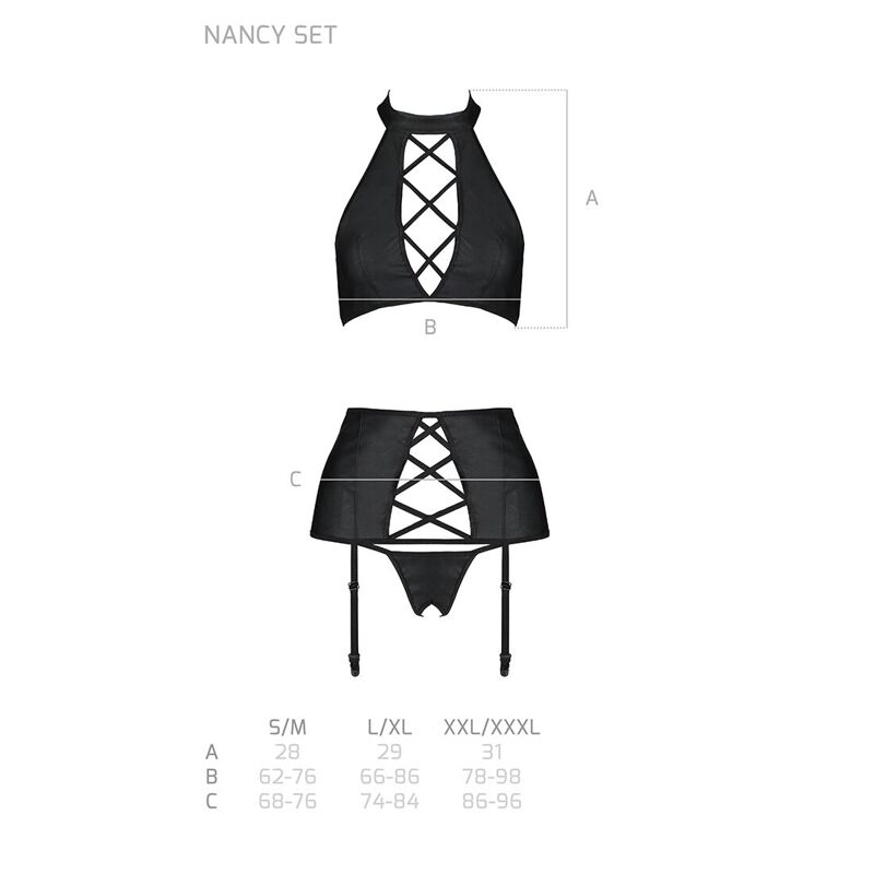 Комплект из эко-кожи с имитацией шнуровки Passion NANCY SET L/XL black, топ, трусики, пояс для чулок