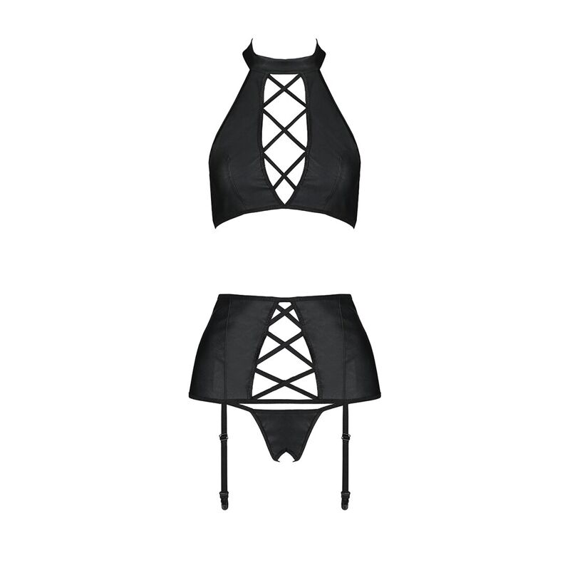 Комплект из эко-кожи с имитацией шнуровки Passion NANCY SET S/M black, топ, трусики, пояс для чулок
