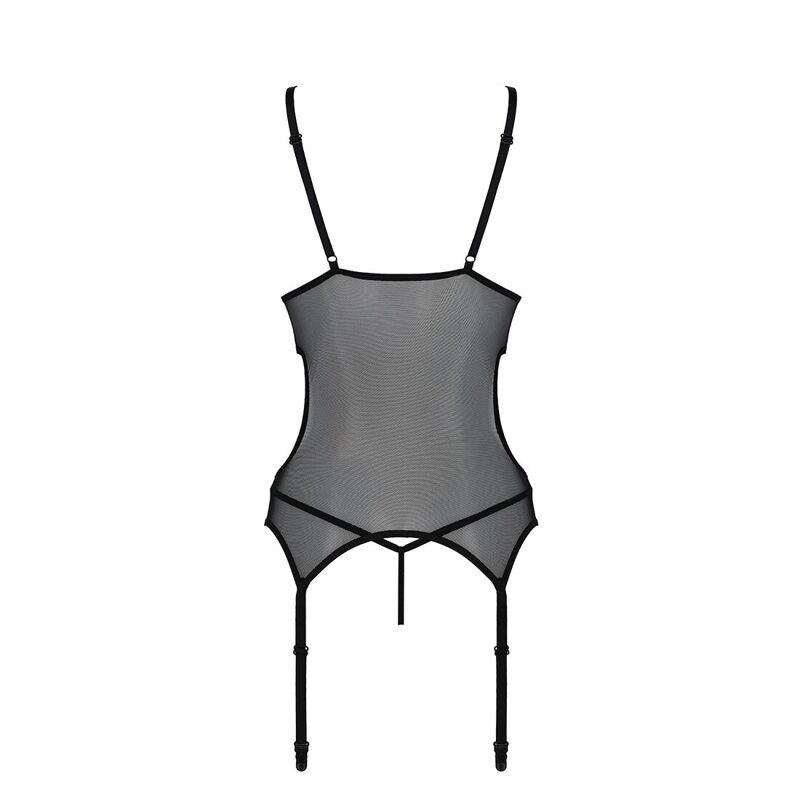 Корсет с подвязками и ажурным лифом Passion CHRISTA CORSET L/XL, black, стринги в комплекте