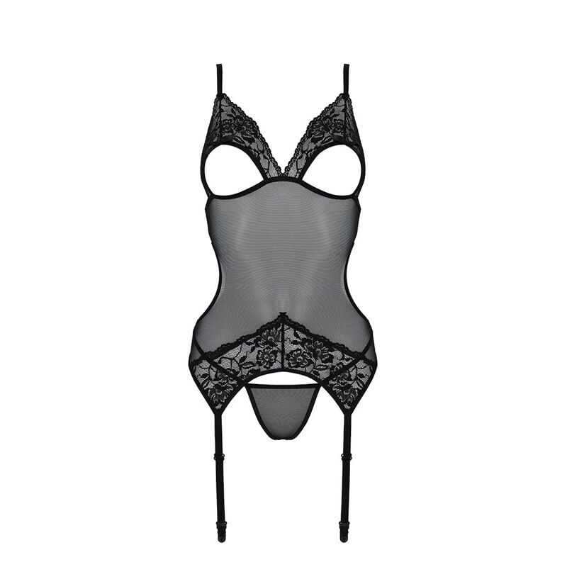 Корсет с подвязками и ажурным лифом Passion CHRISTA CORSET XXL/XXXL, black, стринги в комплекте