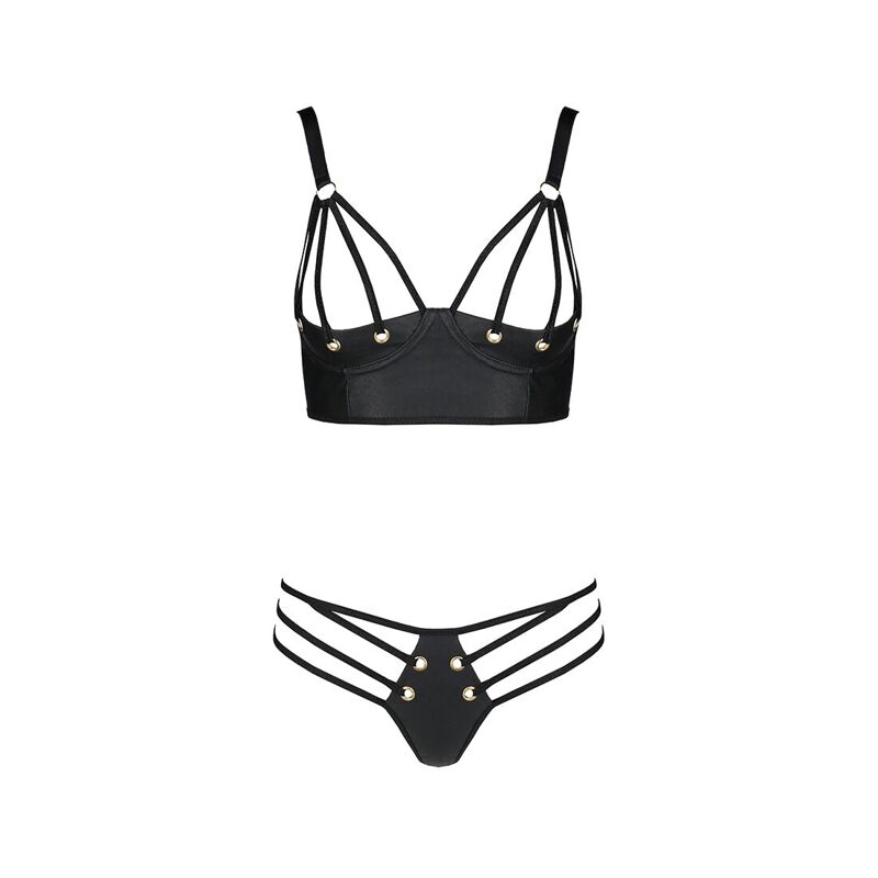 Комплект из эко-кожи с люверсами и ремешками Passion MALWIA BIKINI S/M, black, бра и трусики