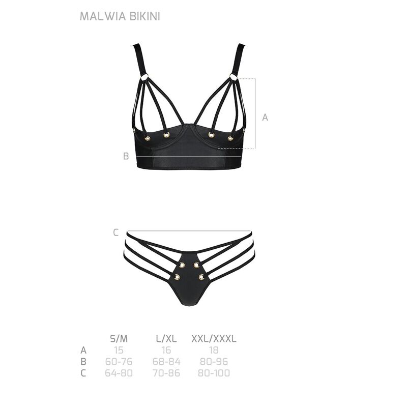 Комплект из эко-кожи с люверсами и ремешками Passion MALWIA BIKINI S/M, black, бра и трусики