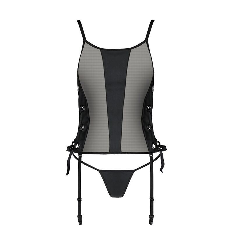 Сетчатый корсет с люверсами и съемными пажами Passion MALWIA CORSET S/M, black, эко-кожа, стринги
