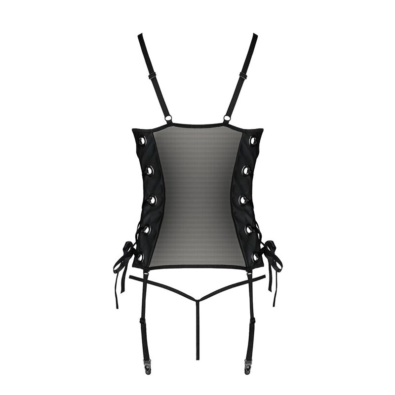 Сетчатый корсет с люверсами и съемными пажами Passion MALWIA CORSET S/M, black, эко-кожа, стринги