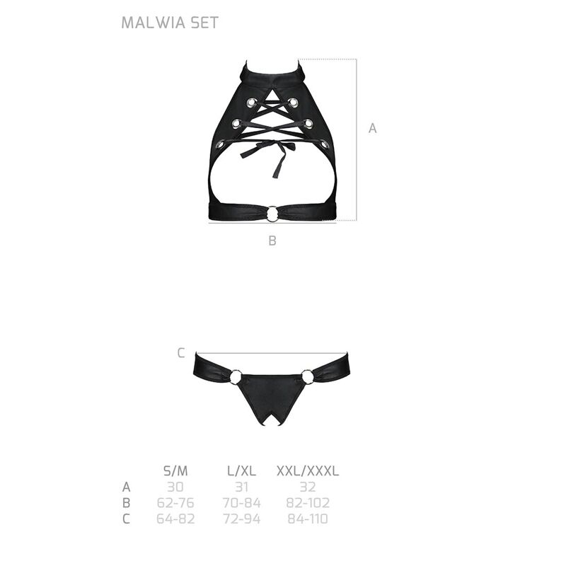 Комплект, открытый топ и трусики из эко-кожи с люверсами Passion MALWIA SET with Open Bra L/XL black