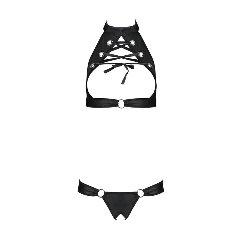 Комплект открытый топ и трусики из эко-кожи с люверсами Passion MALWIA SET Open Bra XXL/XXXL black
