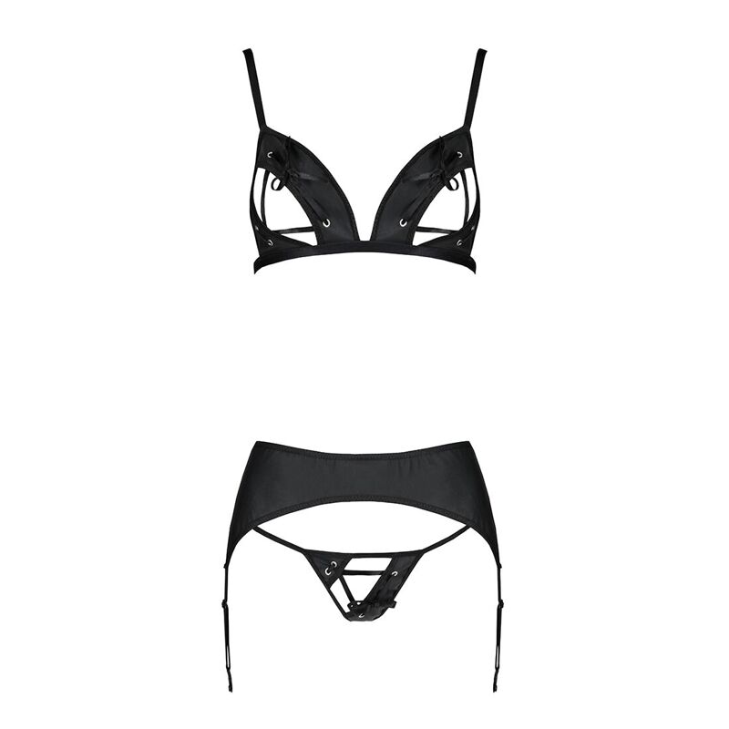 Комплект из эко-кожи Passion MILEY SET L/XL, black, трусики, бюстгальтер, пояс для чулок