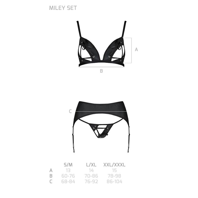 Комплект из эко-кожи Passion MILEY SET L/XL, black, трусики, бюстгальтер, пояс для чулок