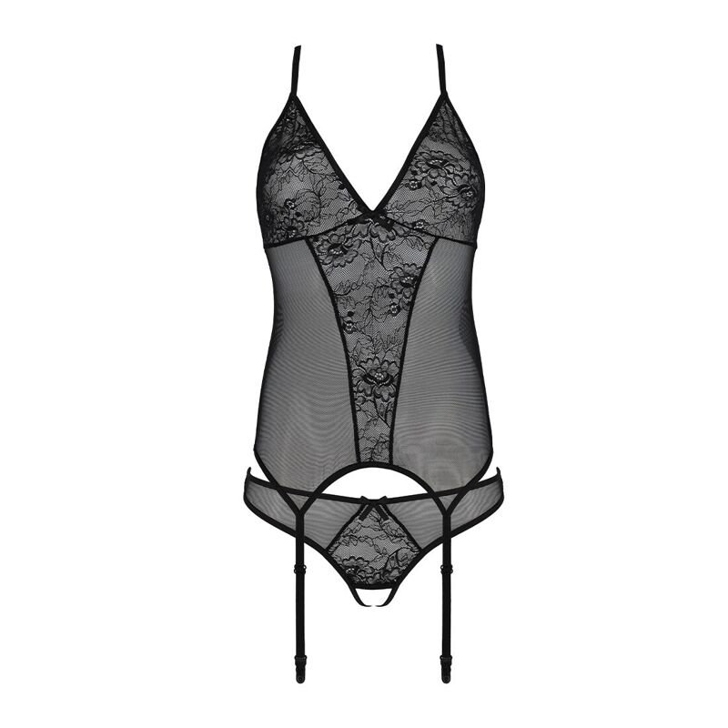 Корсет с пажами, трусики с ажурным декором и открытым шагом Passion URSULA CORSET S/M, black