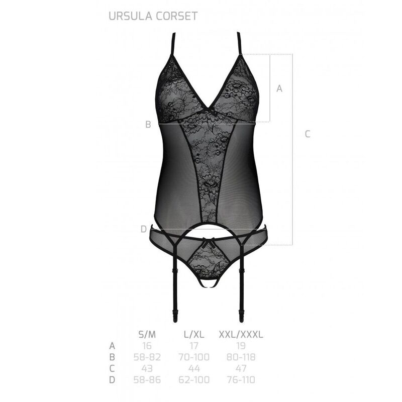 Корсет с пажами, трусики с ажурным декором и открытым шагом Passion URSULA CORSET S/M, black