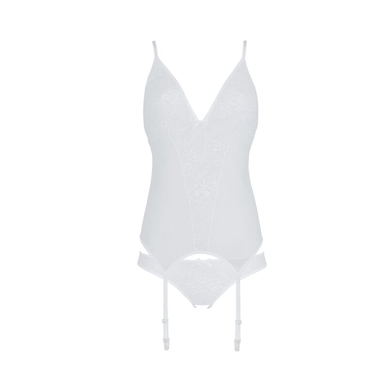 Корсет с пажами, трусики с ажурным декором и открытым шагом Passion URSULA CORSET S/M, white