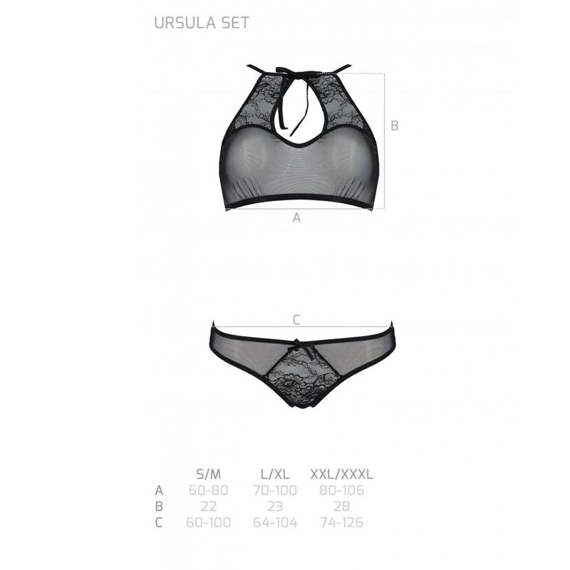 Комплект: бра, трусики с ажурным декором и открытым шагом Passion URSULA SET S/M, black