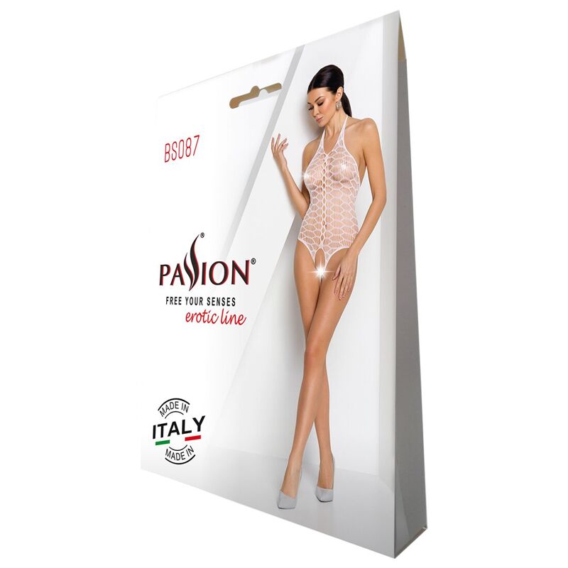 Бодистокинг в крупную сетку Passion BS087 white, открытая спина, халтер, с доступом