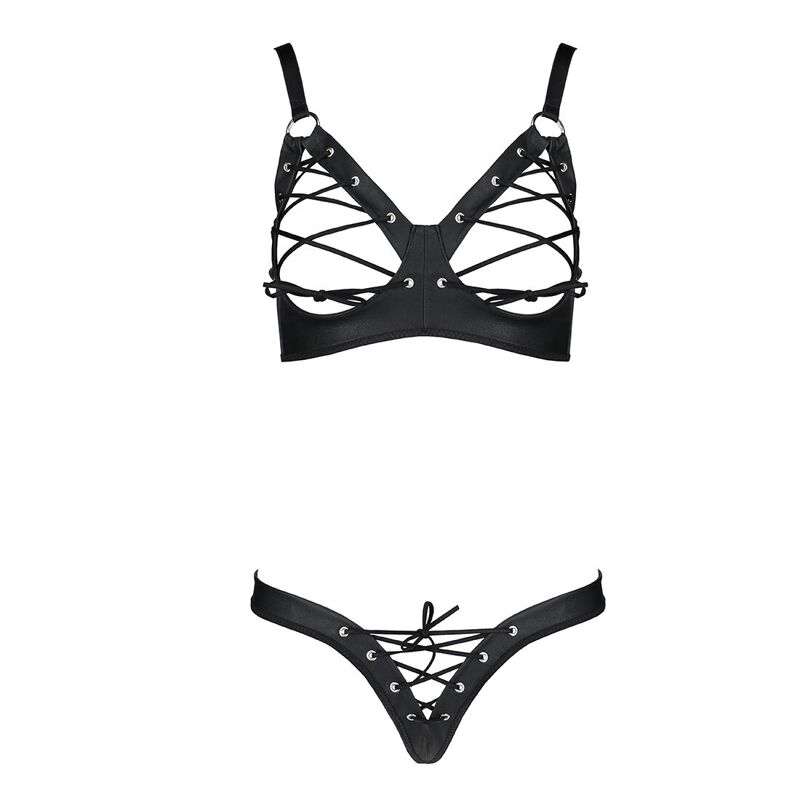 Комплект из экокожи Passion CELINE BIKINI S/M, black, открытый бра с лентами, стринги со шнуровкой