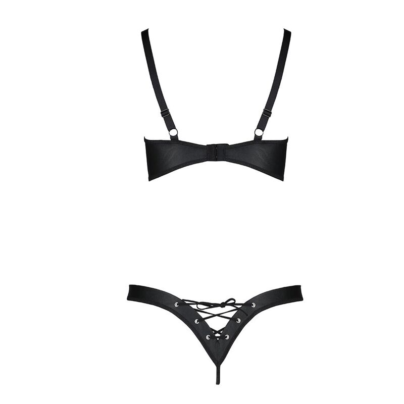 Комплект из экокожи Passion CELINE BIKINI S/M, black, открытый бра с лентами, стринги со шнуровкой