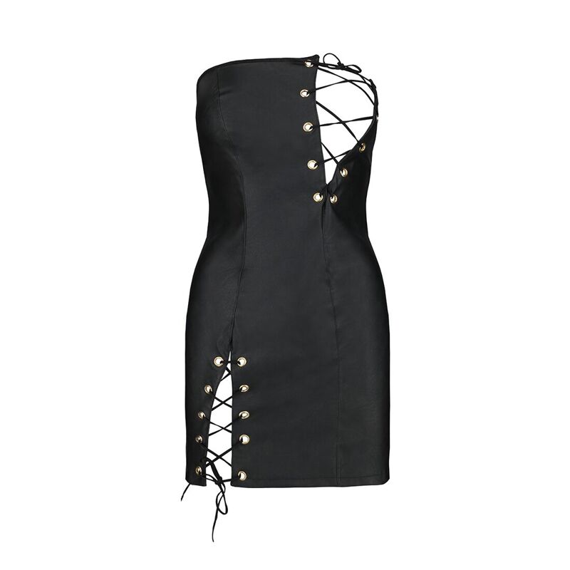 Мини-платье из экокожи Passion CELINE CHEMISE XXL/XXXL, black, шнуровка, трусики в комплекте