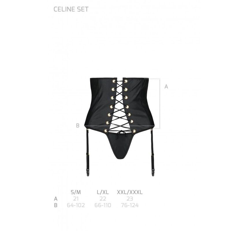 Пояс-корсет из экокожи Passion CELINE SET XXL/XXXL, black шнуровка, съемные пажи для чулок, стринги
