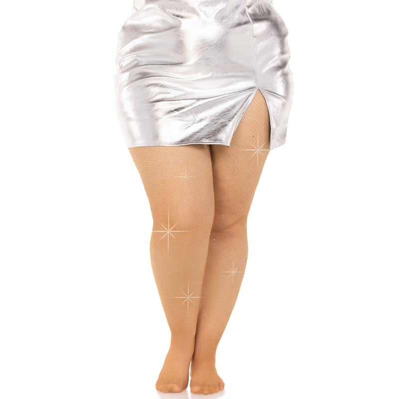 Колготки Leg Avenue Rhinestone micro net tights Plus size Caramel, мелкая сетка, стразы