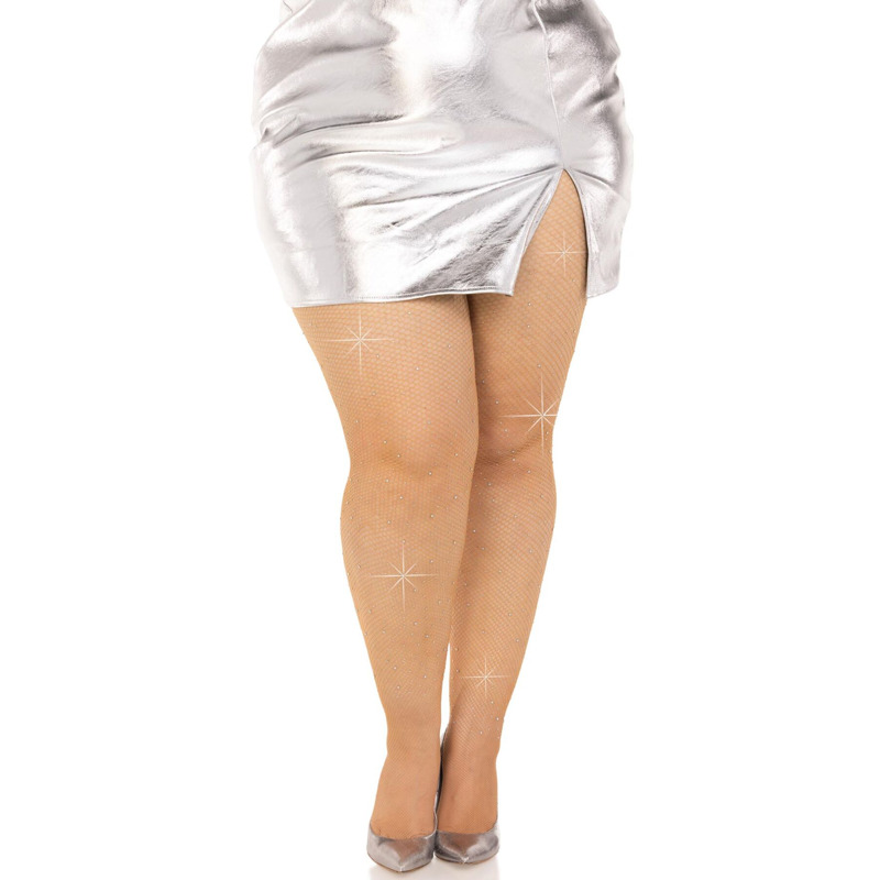 Колготки Leg Avenue Rhinestone micro net tights Plus size Caramel, мелкая сетка, стразы