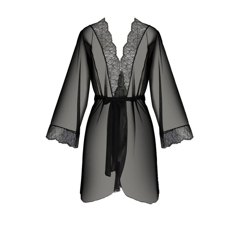 Пеньюар Passion AMBERLY PEIGNOIR 6XL/7XL, black, ажурные декольте и манжеты, широкие рукава