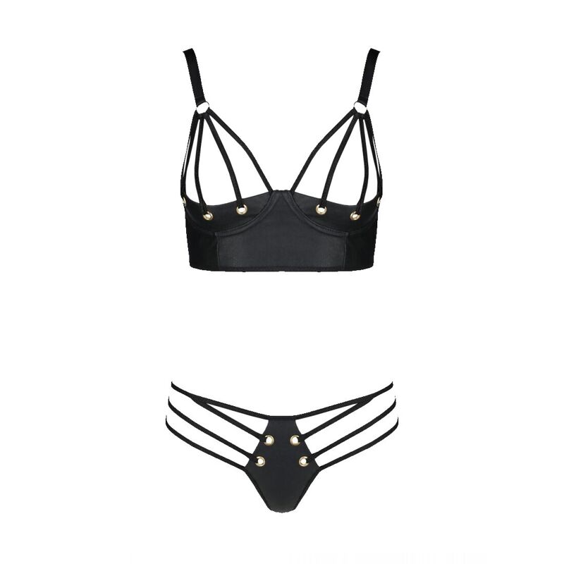 Комплект из экокожи Passion MALWIA BIKINI 6XL/7XL black, с люверсами и ремешками, бра, трусики