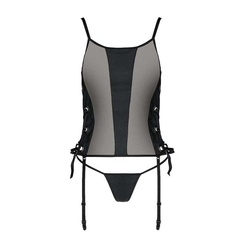Сетчатый корсет из экокожи Passion MALWIA CORSET 6XL/7XL black, с люверсами и съемными пажами