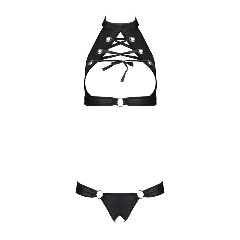 Комплект из экокожи Passion MALWIA SET with Open Bra 4XL/5XL black, топ и трусики с люверсами