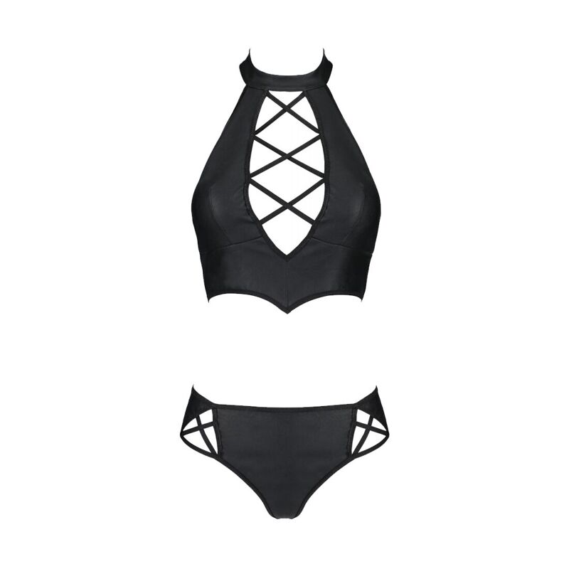 Комплект из экокожи Passion NANACY BIKINI 4XL/5XL black, бра и трусики с имитацией шнуровки