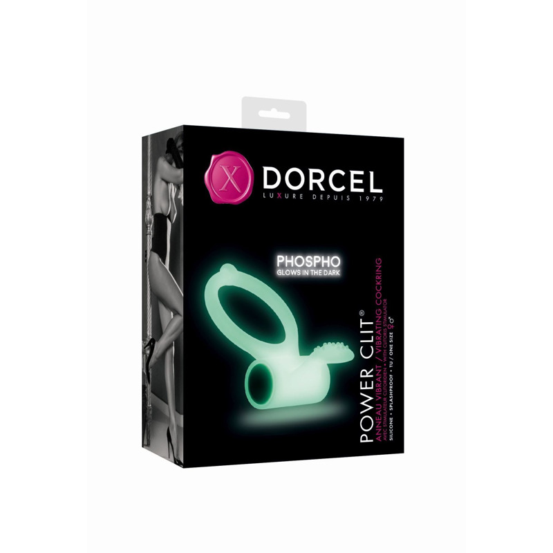 Эрекционное кольцо Dorcel Power Clit White PHOSPHO с вибрацией, белое, светится в темноте