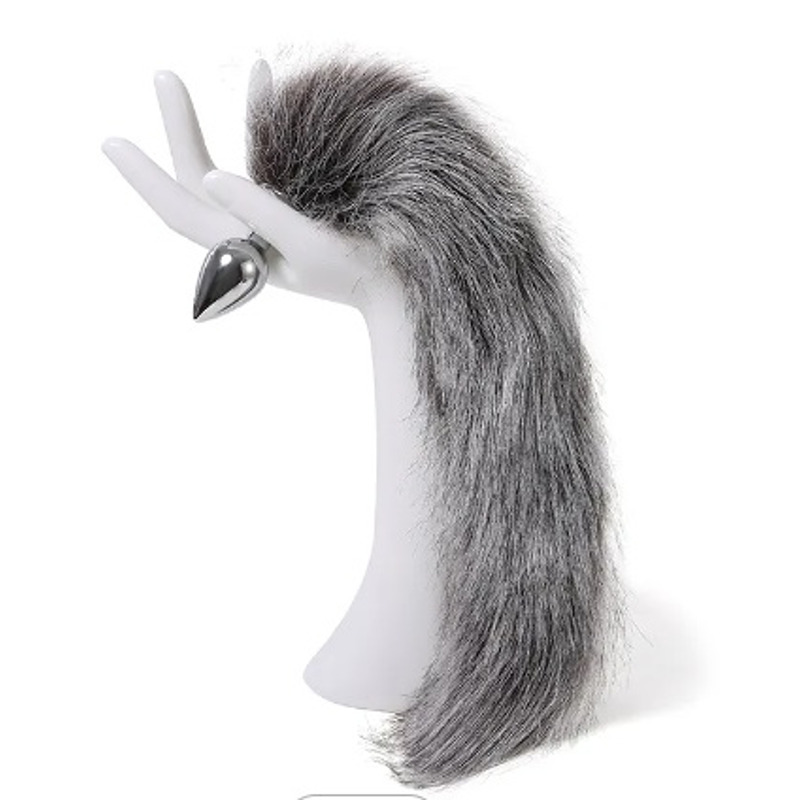 Анальная пробка с хвостом Anal plug faux fur fox tail light grey polyeste