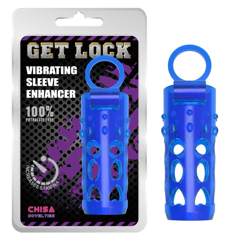 Насадка на пеніс рельєфна Chisa Get Lock з кільцем на мошонку та місцем для вібропулі, синя