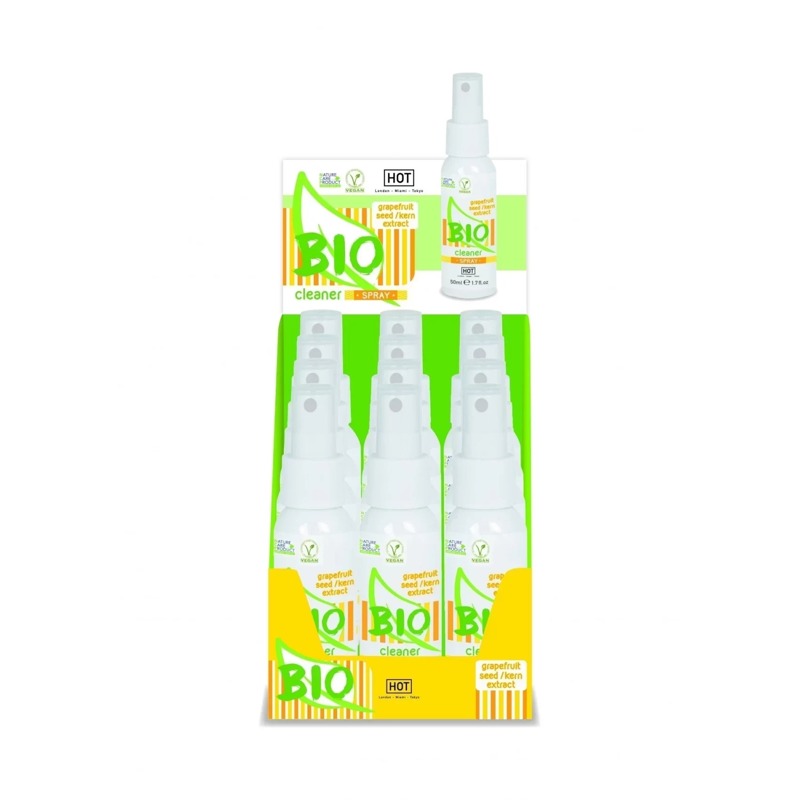 Дисплей с очиститетелями для секс девайсов HOT BIO Cleaner Spray (12 шт. по 50 мл)