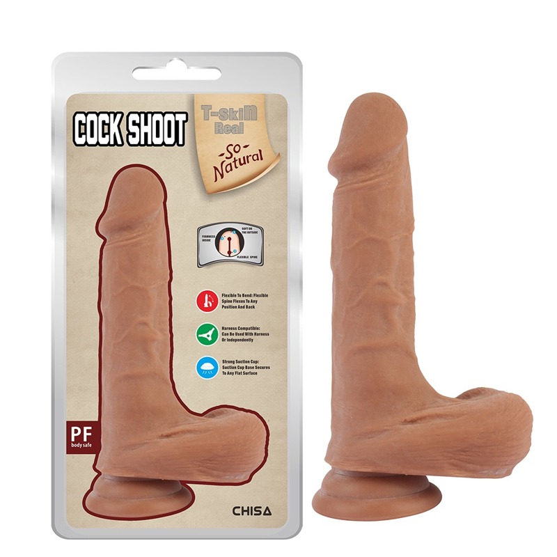 Фалоімітатор із мошонкою на присосці Chisa T-skin ReaL Сock Shoot, бежевий, 20 см