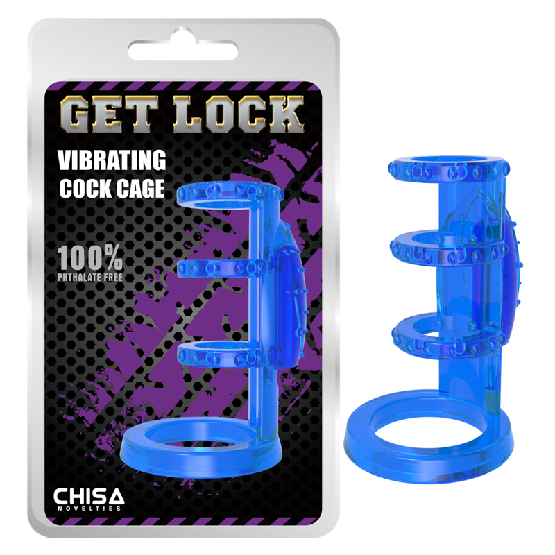 Насадка з вібрацією Chisa Get Lock Vibrating Cock Cage та ерекційними кільцями, синя