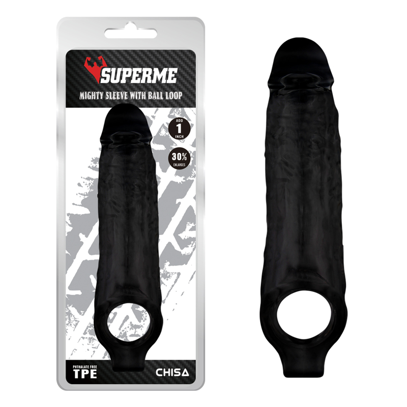 Насадка на член Chisa SuperMe Mighty Sleeve With Ball Loop з кільцем на мошонку, чорна